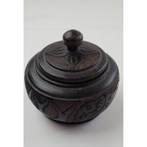 Vintage Africa Wooden Bowl Carved Round Elephants with Lid